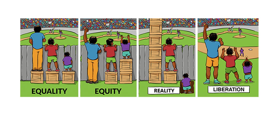 Cartoon of three children illustrating equity barriers.