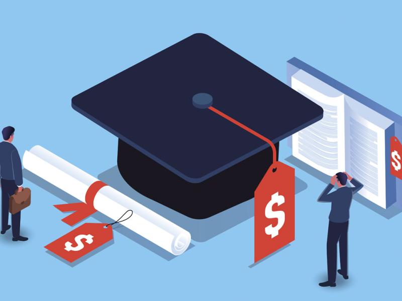 Graduation cap, tassel and diploma with dollar symbols