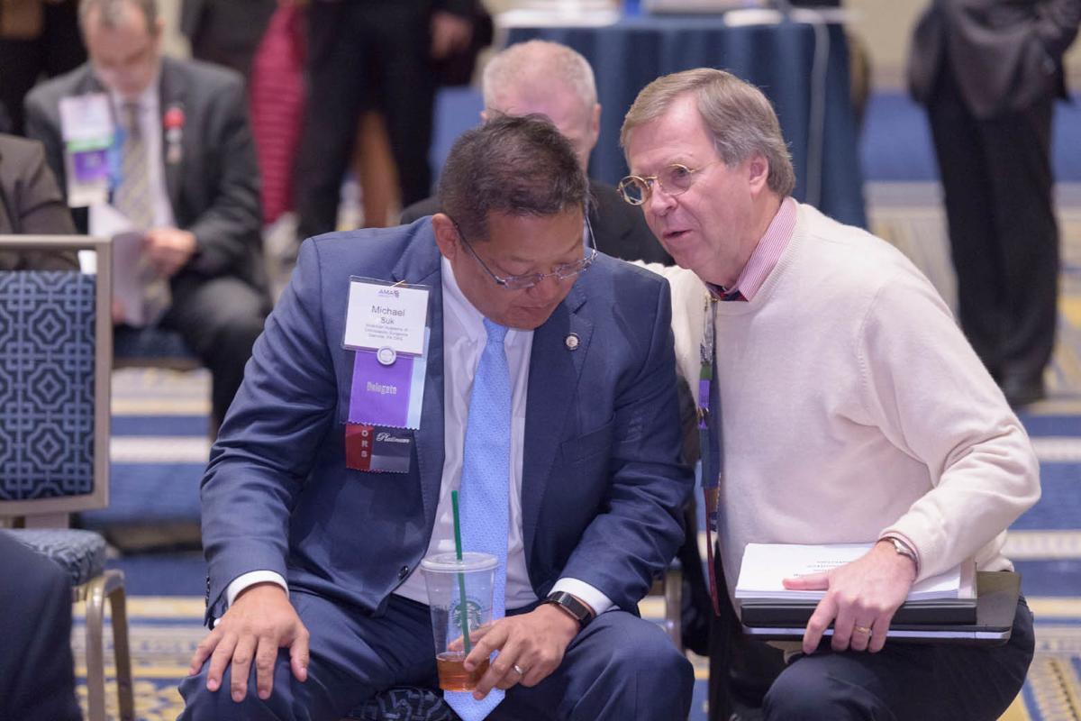 Two delegates consulting at 2018 AMA Interim Meeting