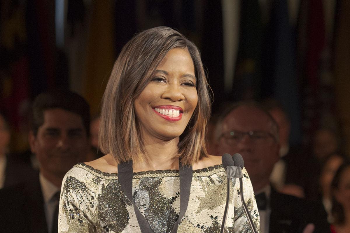 Photo of AMA President Patrice A. Harris, MD, giving her inauguration speech at the 2019 HOD Annual Meeting,