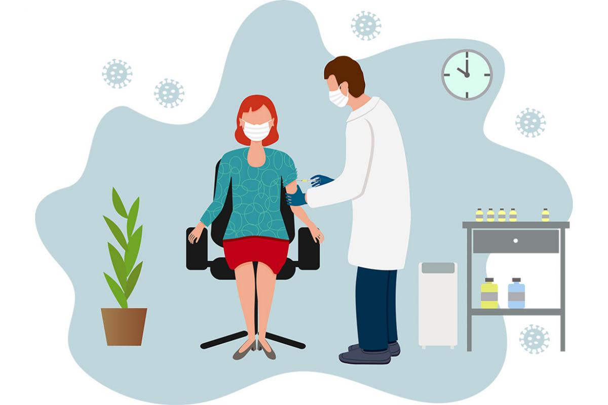 Illustration of a physician standing up and administering a vaccine to a patient sitting in a chair; both of them wearing masks