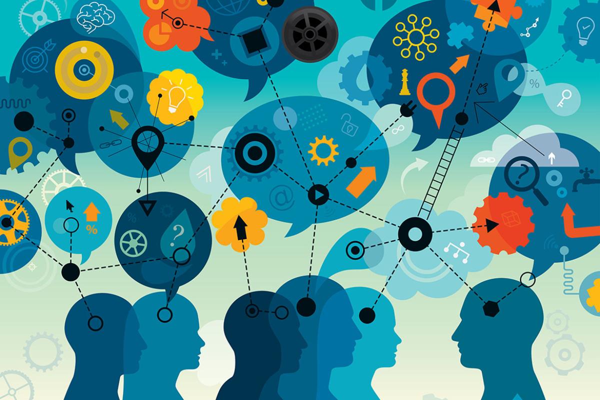 Speech bubbles filled with different elements and icons related with education