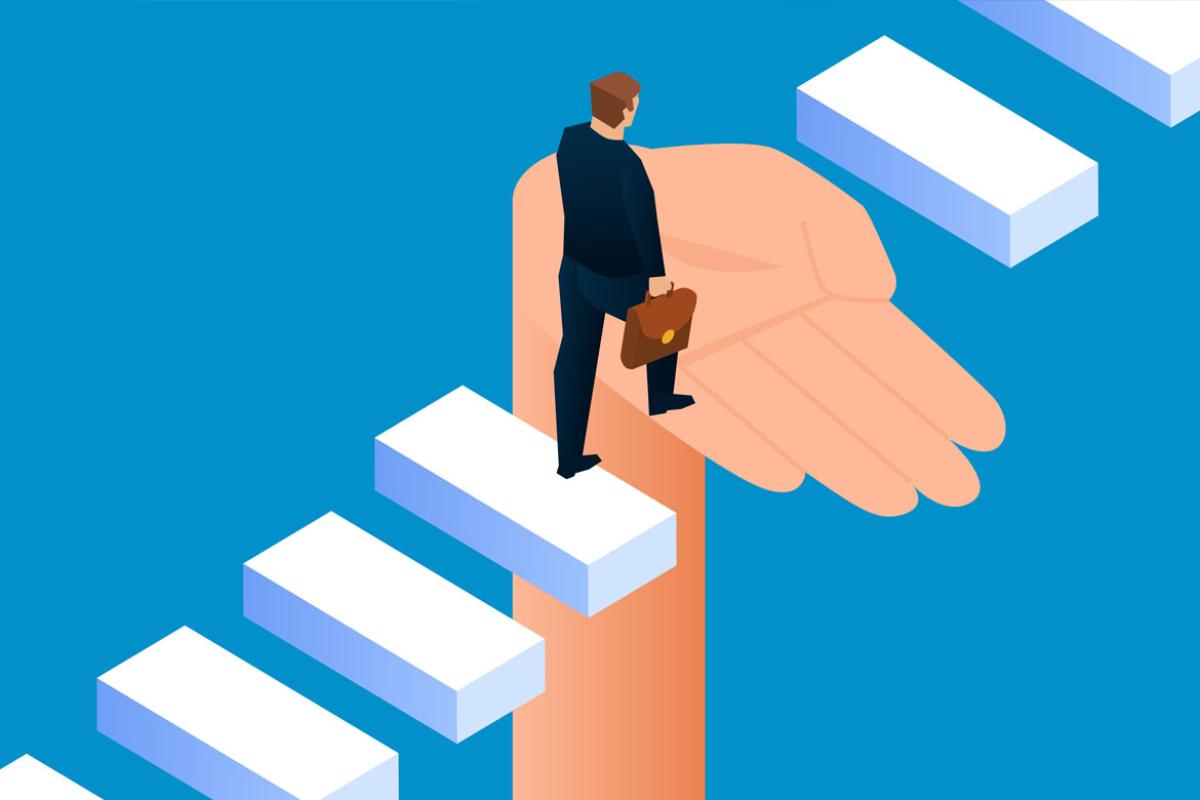 Man ascends steps; one step is a human helping hand