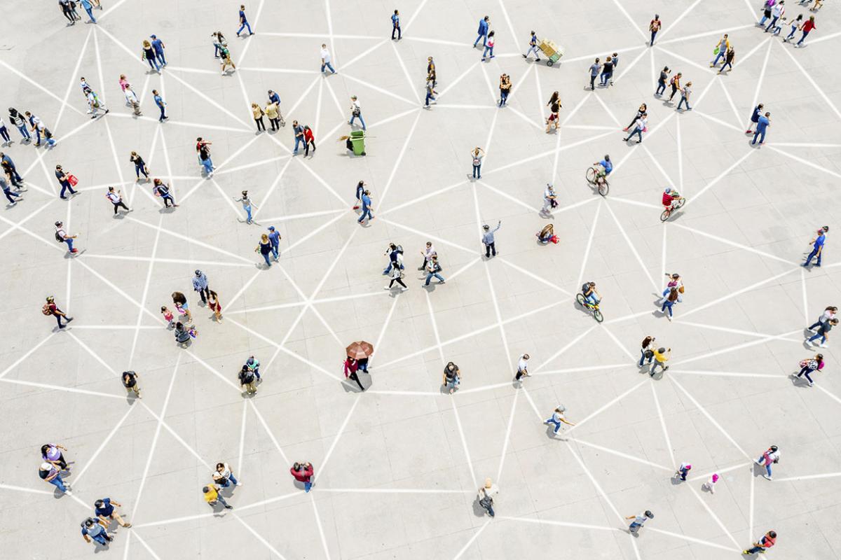 Aerial view of crowd connected by lines
