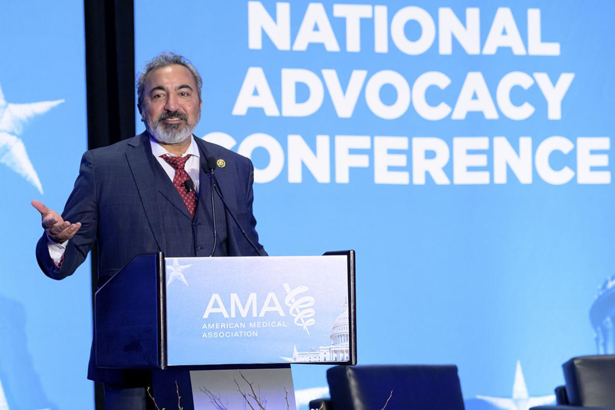 California Rep. Ami Bera, MD, at podium at 2024 National Advocacy Conferene (NAC)