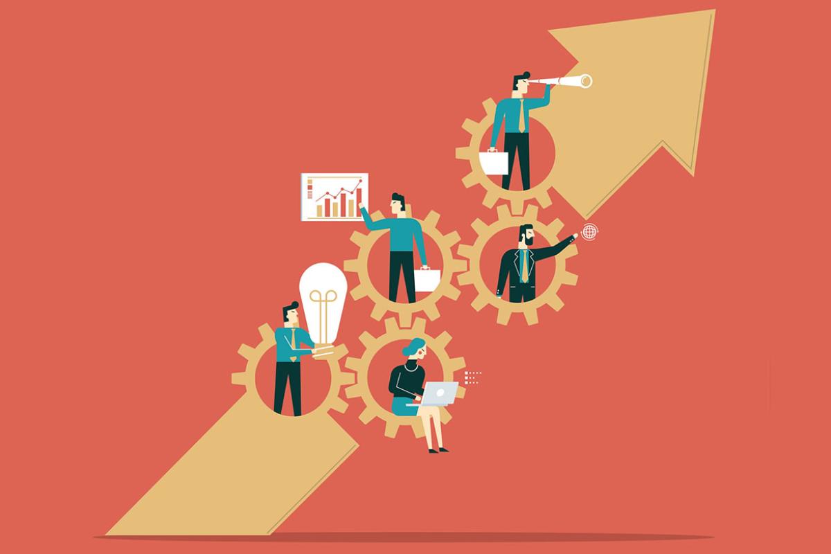 Illustration of people working on an arrow pointing up in between gears