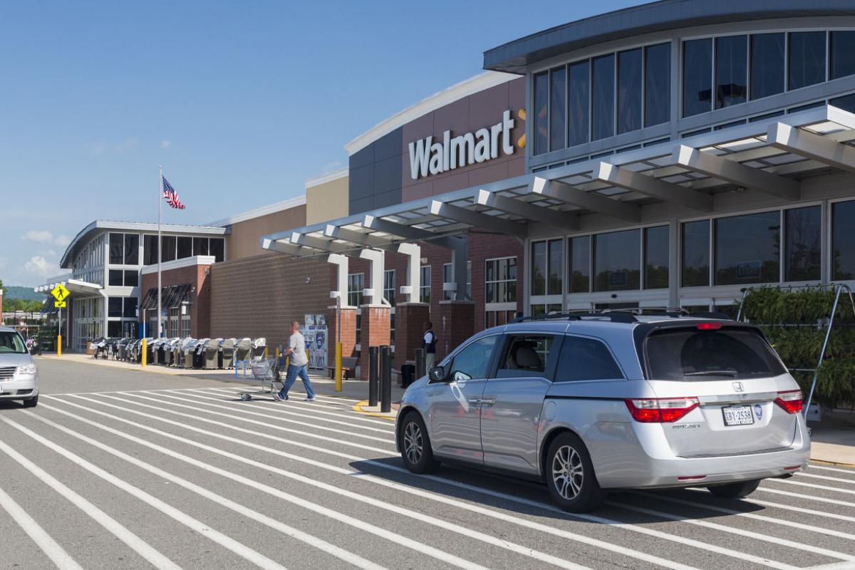 Entrance to large Walmart food supermarket or superstore in Haymarket, Virginia