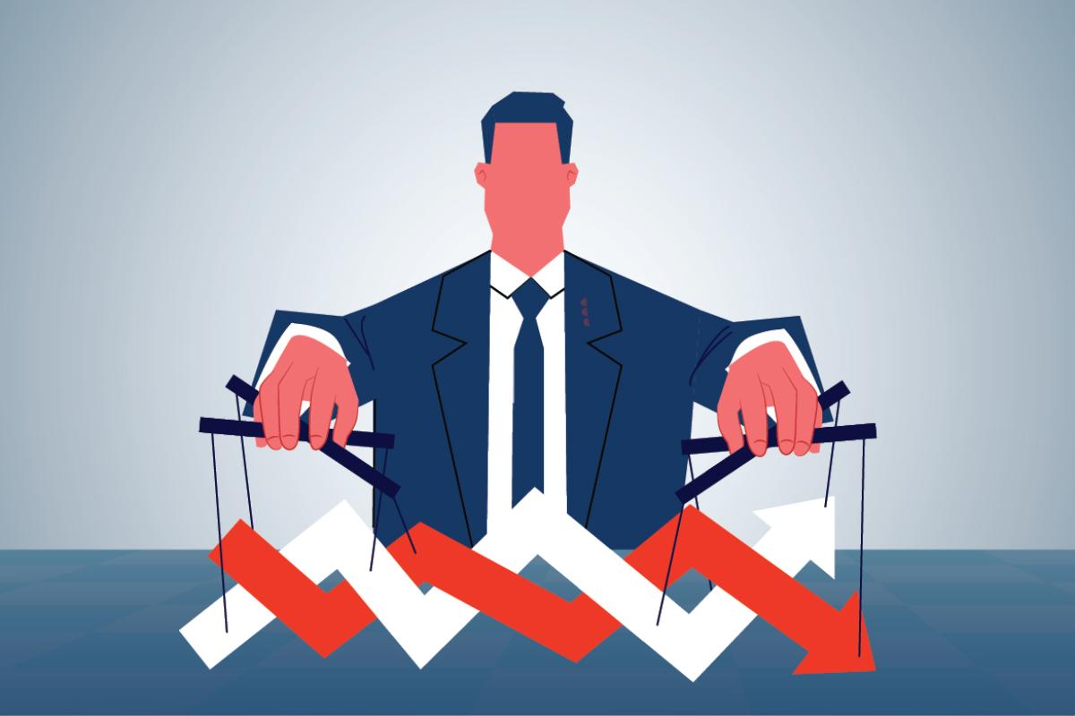 Figure using puppets to control up and down fluctuations of the two arrows charts