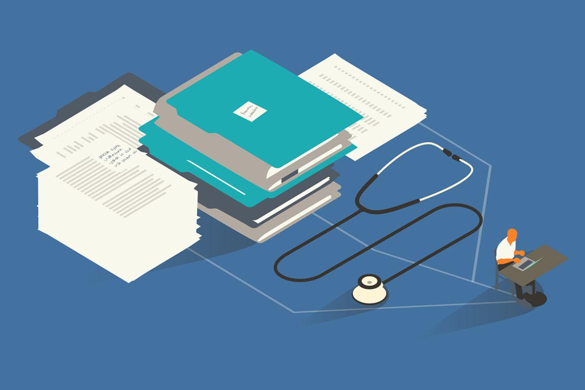 Figure working at desk, surrounded by giant stethoscope and business documents