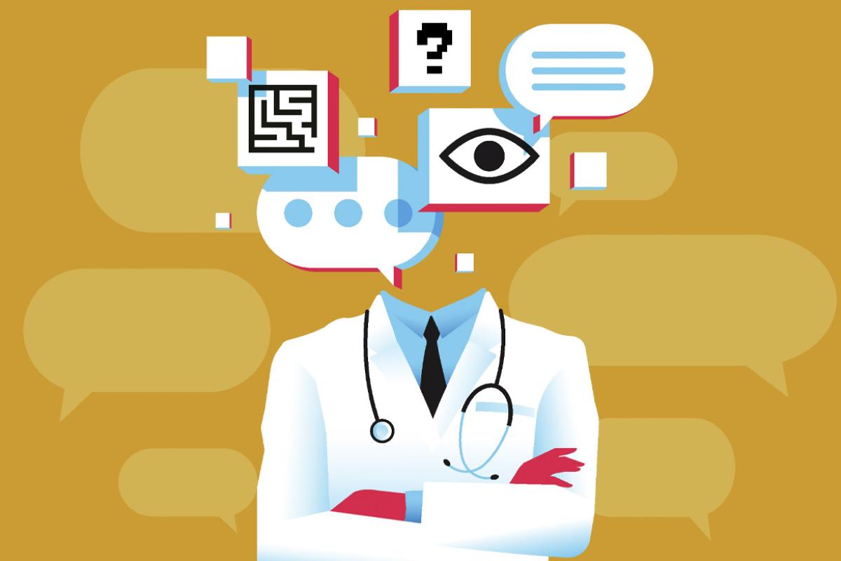 Doctor with text bubbles and graphic elements