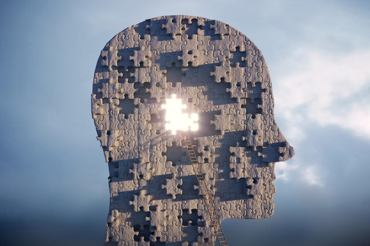 Ladder leads up to a human profile made composed of puzzle pieces