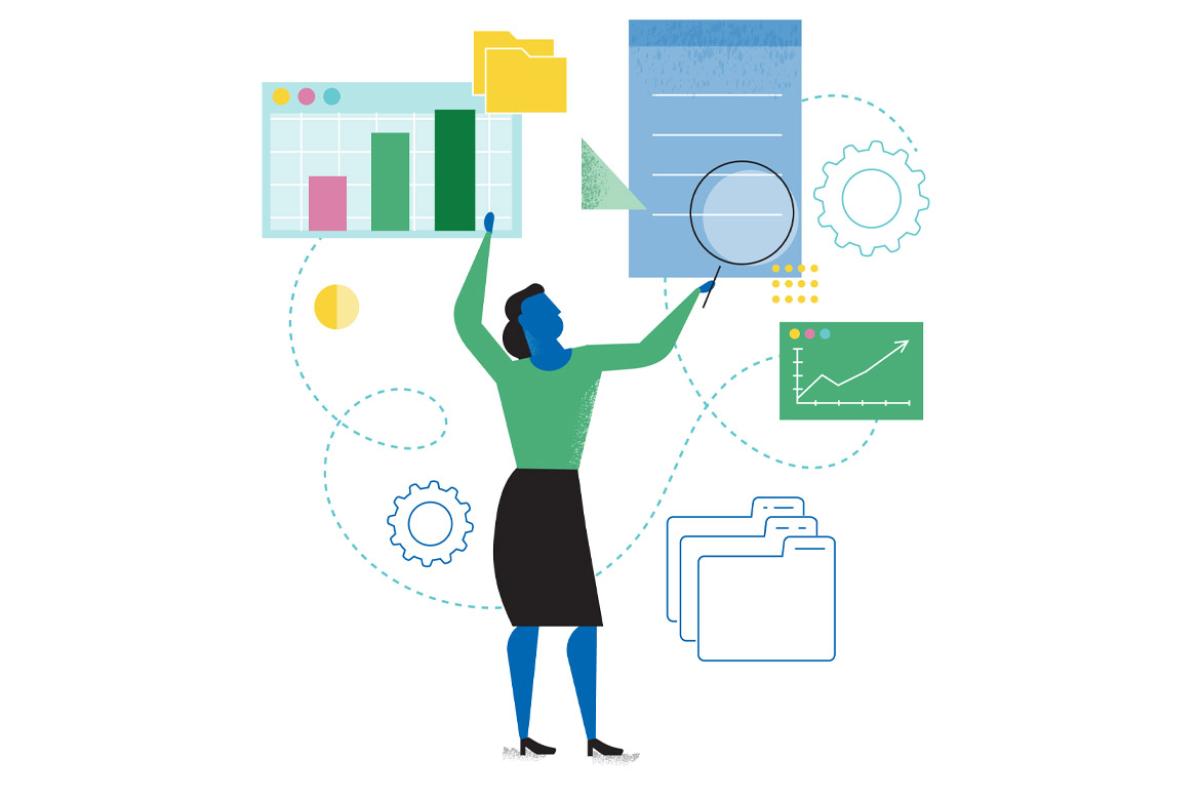 Figure surrounded by business charts, folders and documents