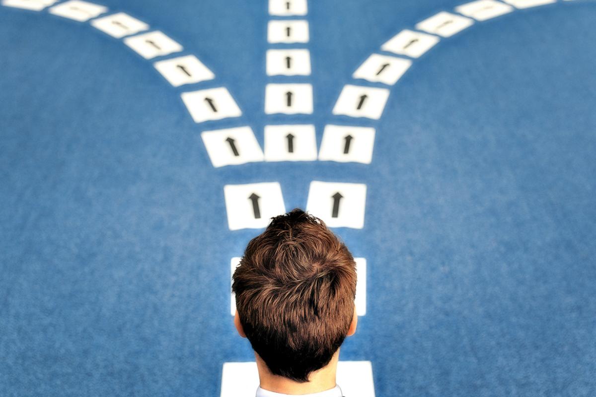 Person stands by diverging paths of arrow signs