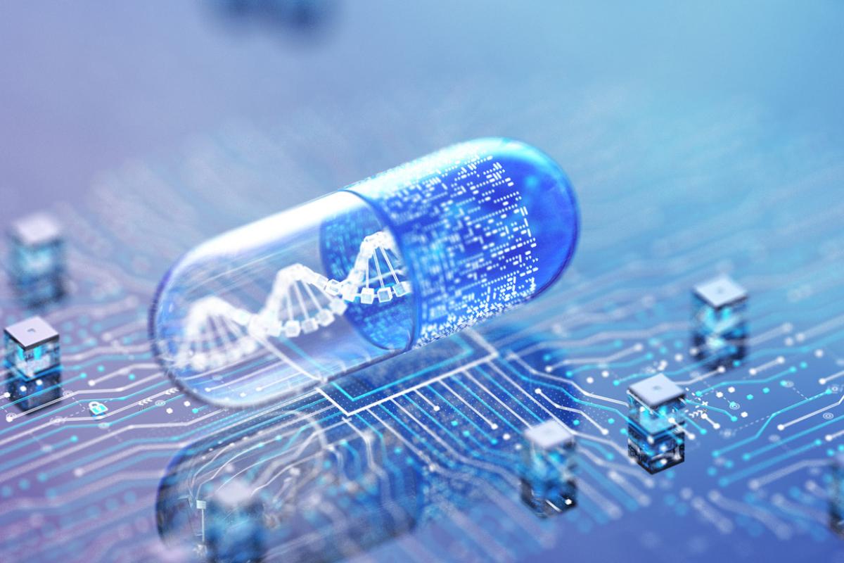 Futuristic blue capsule containing a DNA strand