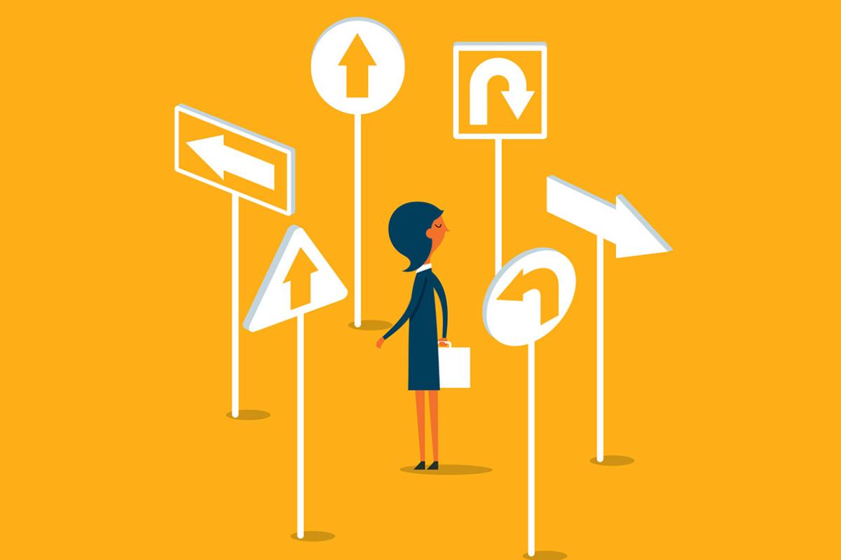 Figure surrounded by signs with arrows pointing in different directions