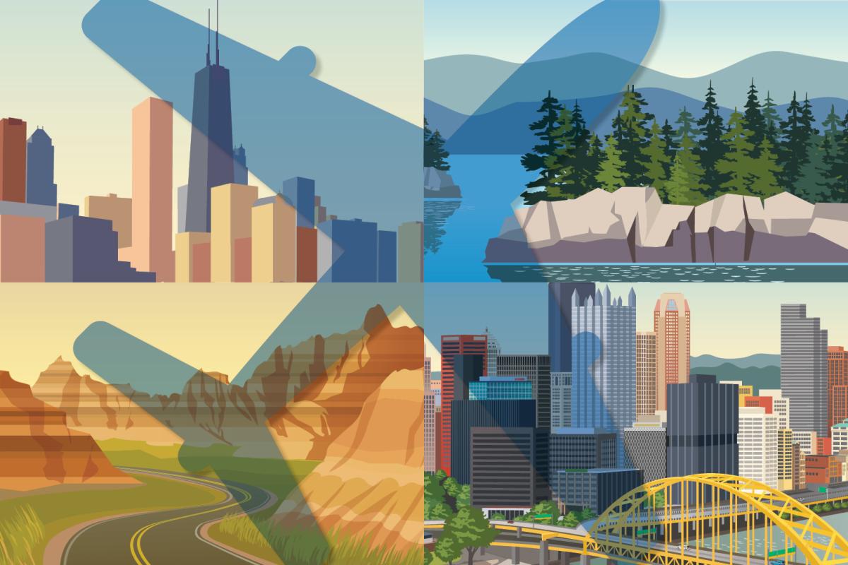 An illustration of a shadow of a plan over four different types of landscapes.