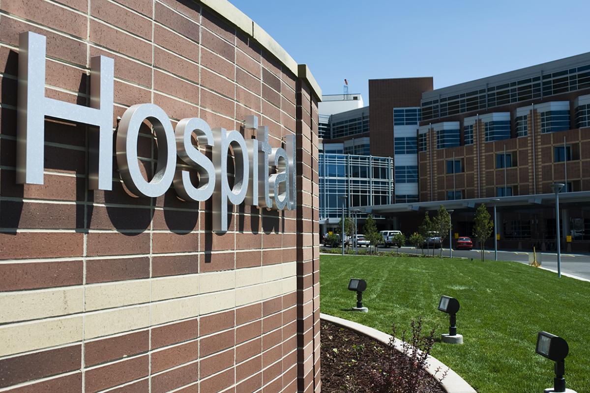 Exterior of modern hospital. 
