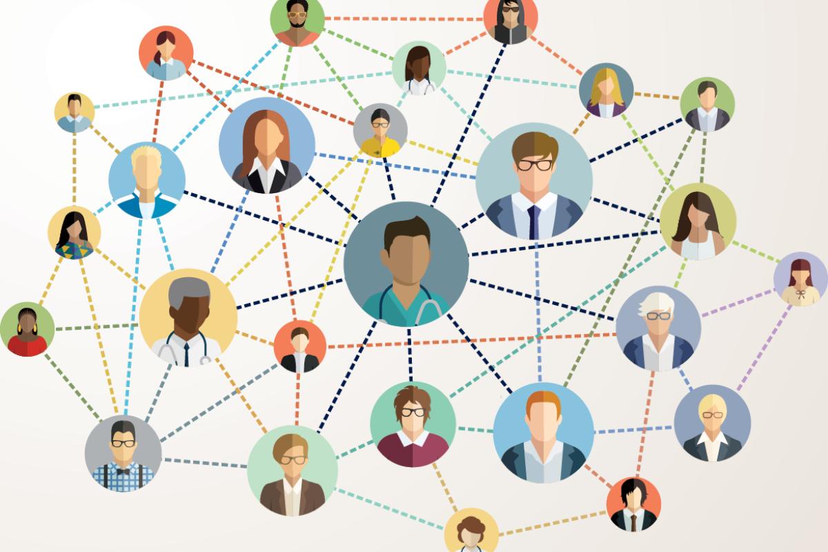 Graphic of people interconnected by line drawing with physicians. 