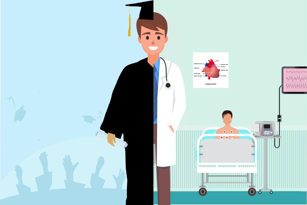 Graphic of a med school student transitioning into a physician. 