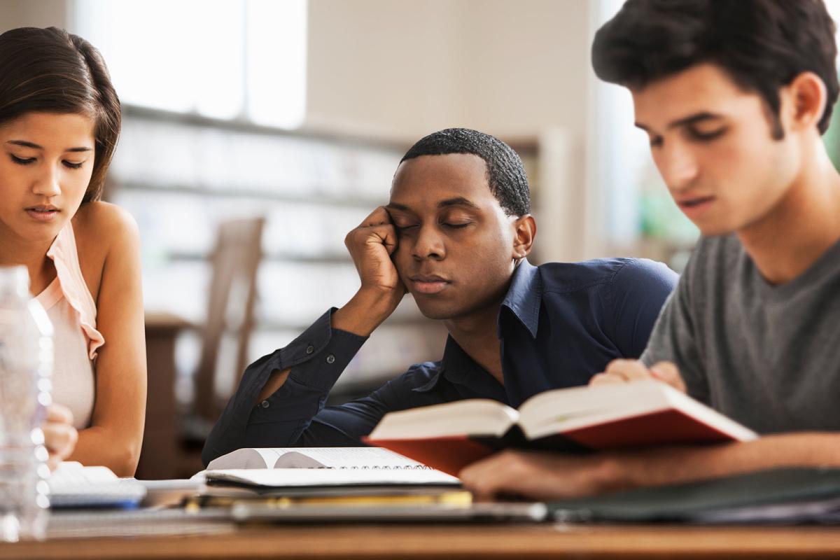 Two medical students are studying, one is reading while the other is asleep. 