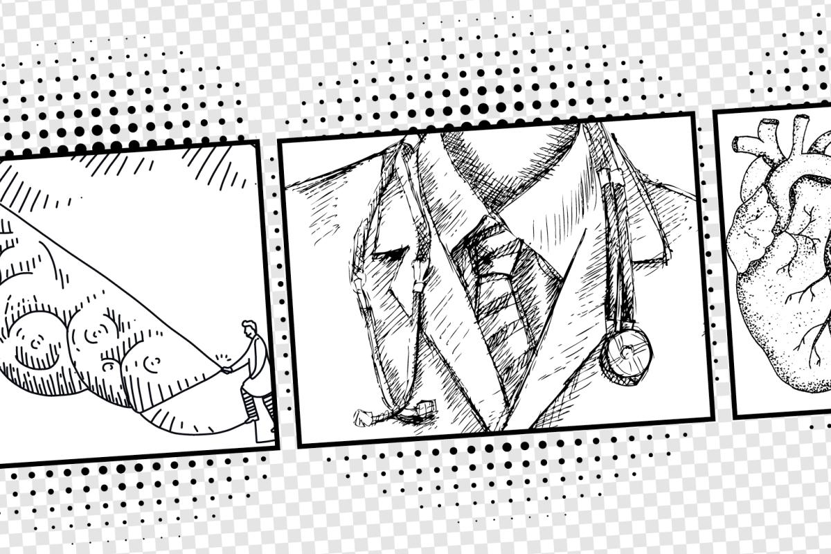 A comic book drawing of a doctor in a medical coat, tie, and stethoscope around their neck. 