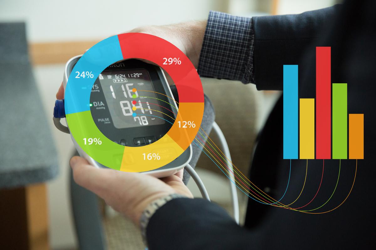 A doctor reading a blood pressure monitor with a circle graph imposed on top. 